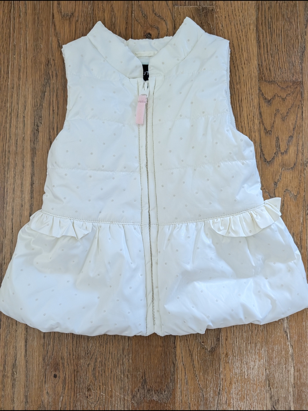 Nautica White Girls Ruffle Hem Puffer Vest with Pink Zipper Pull 24mo